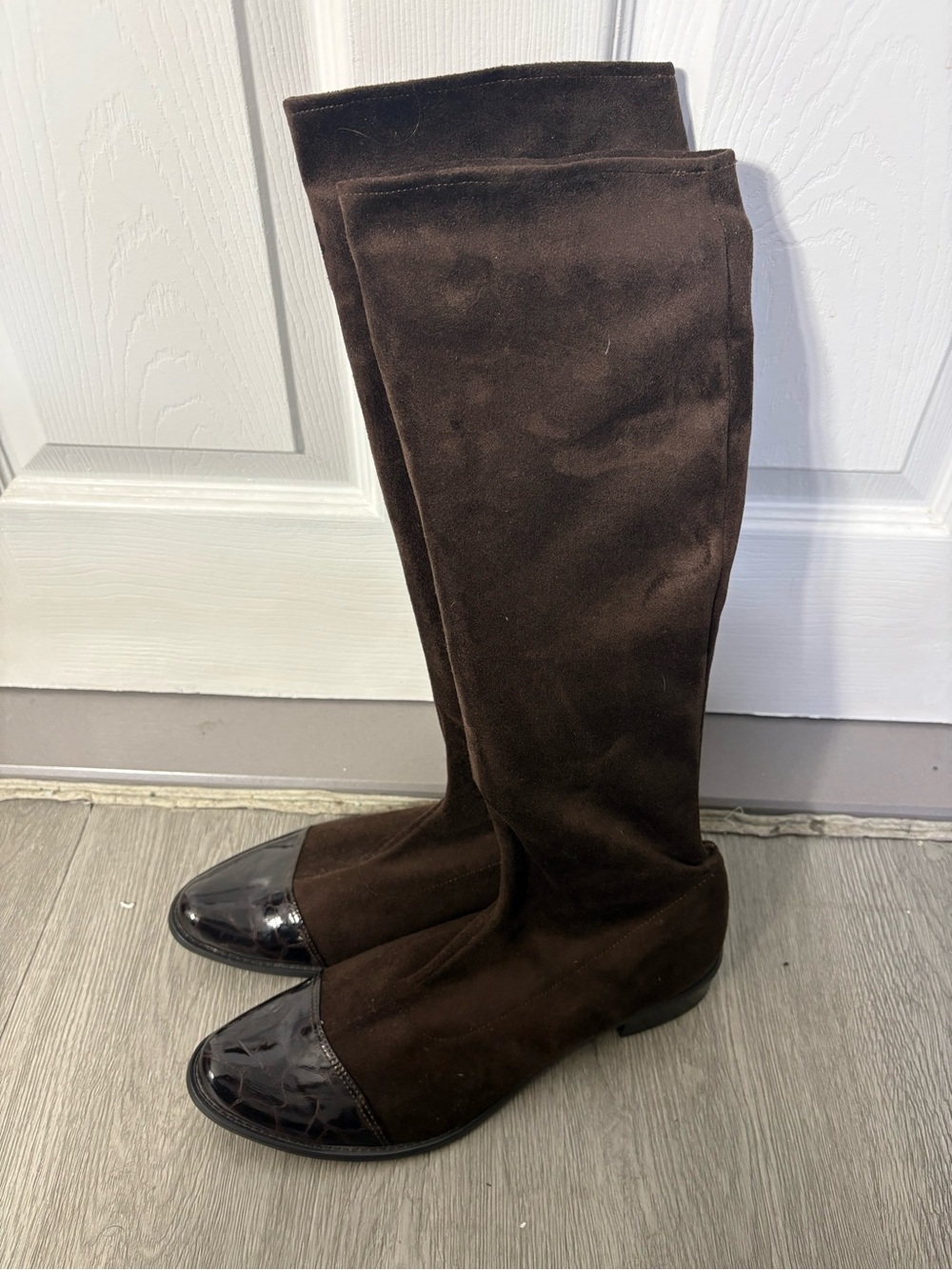 Over-the-Knee Brown Suede Boots with Patent Toe